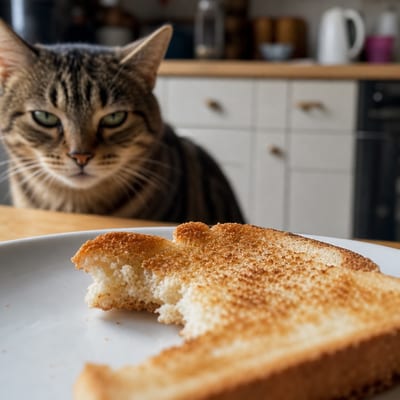 Cat watching a half-eaten slice of toast